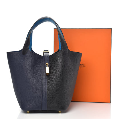 Hermes Taurillon Clemence Casaque Picotin Lock 18 PM Blue Nuit Black Bleu Frida 10 of 10