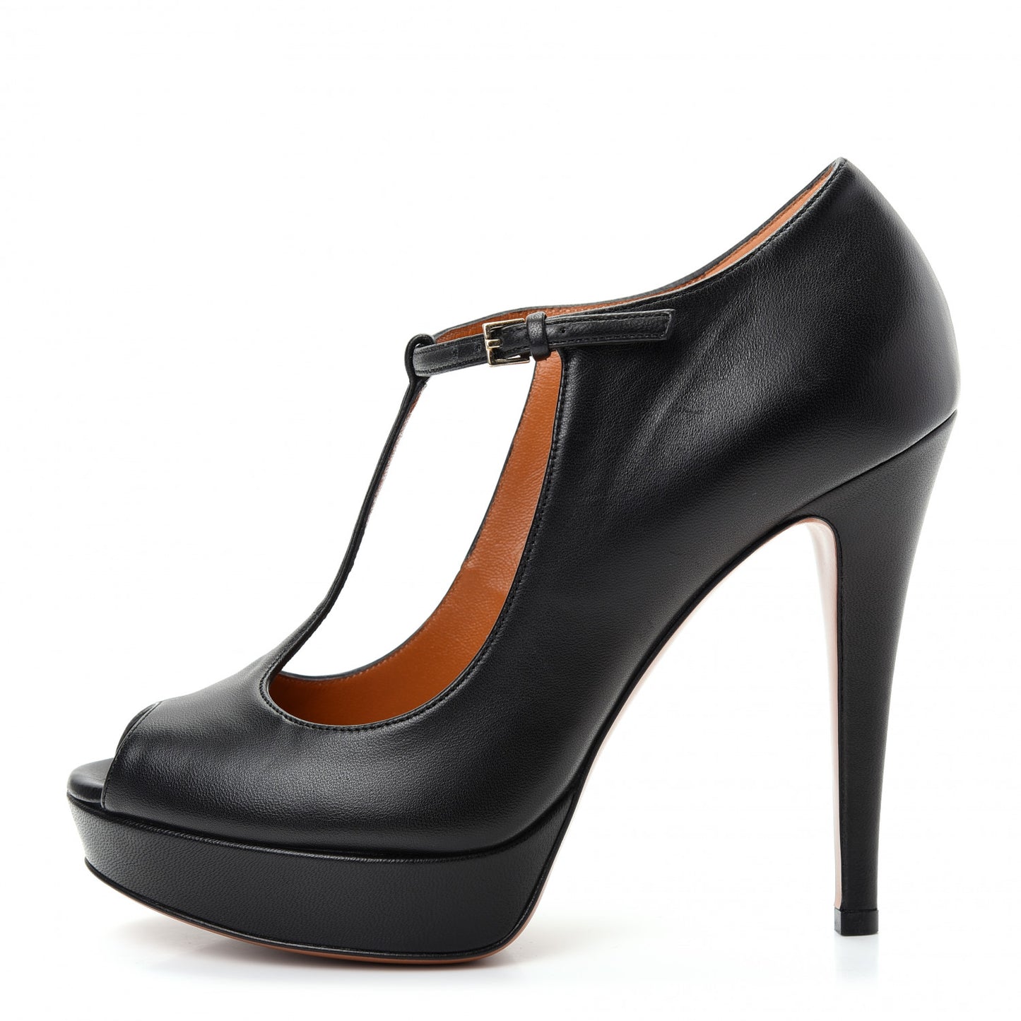 Calfskin T Strap Platform Pumps 35.5 Black
