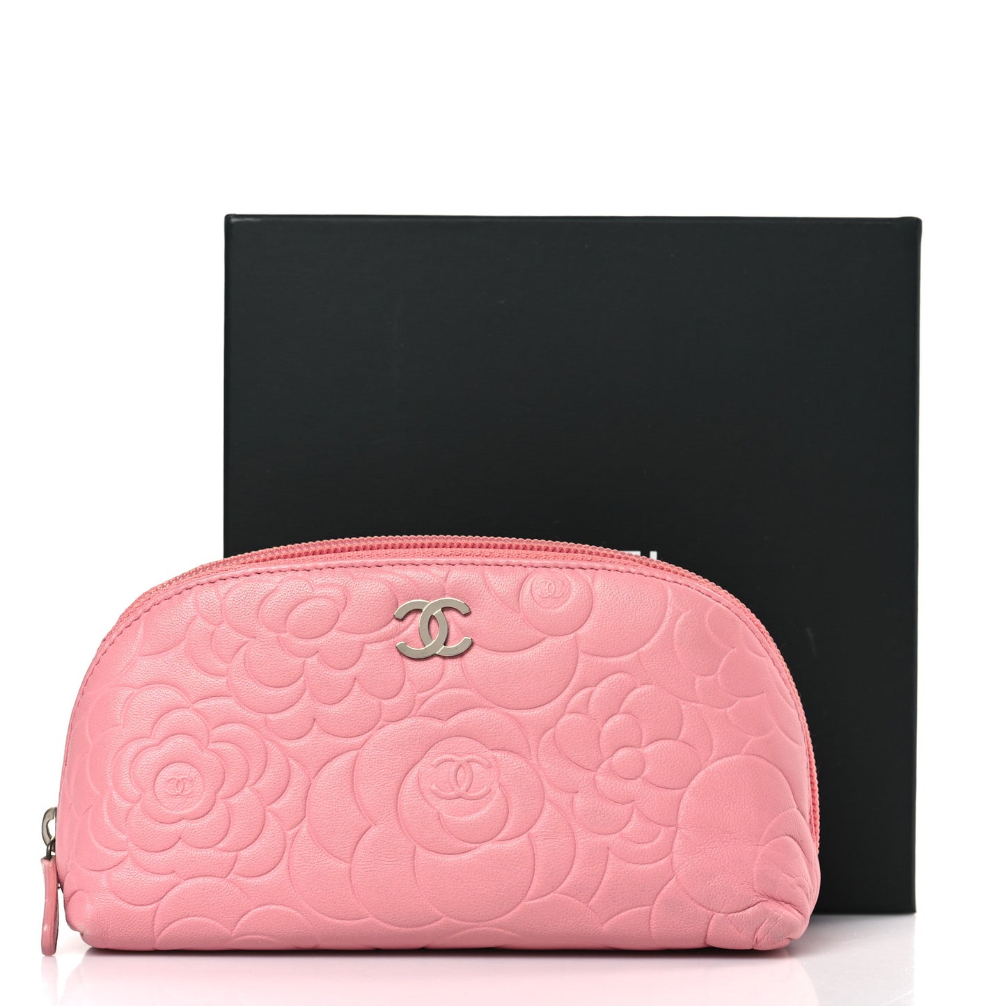 Lambskin Camellia Embossed Cosmetic Case Pink