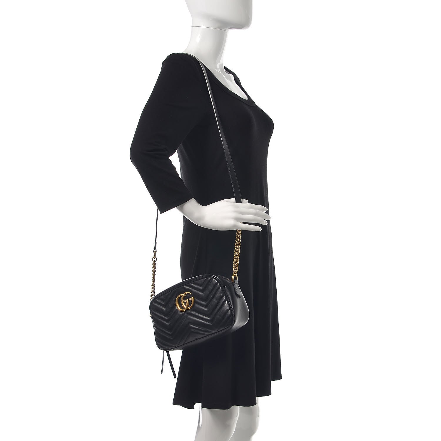 Gucci Calfskin Matelasse Small GG Marmont Chain Shoulder Bag Black 2 of 12