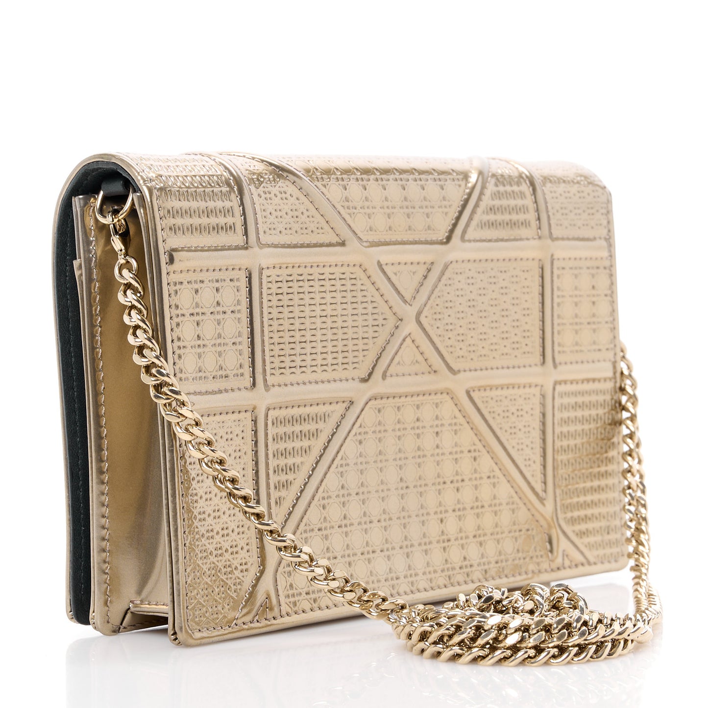 Metallic Patent Micro-Cannage Diorama Wallet on Chain Pouch Gold