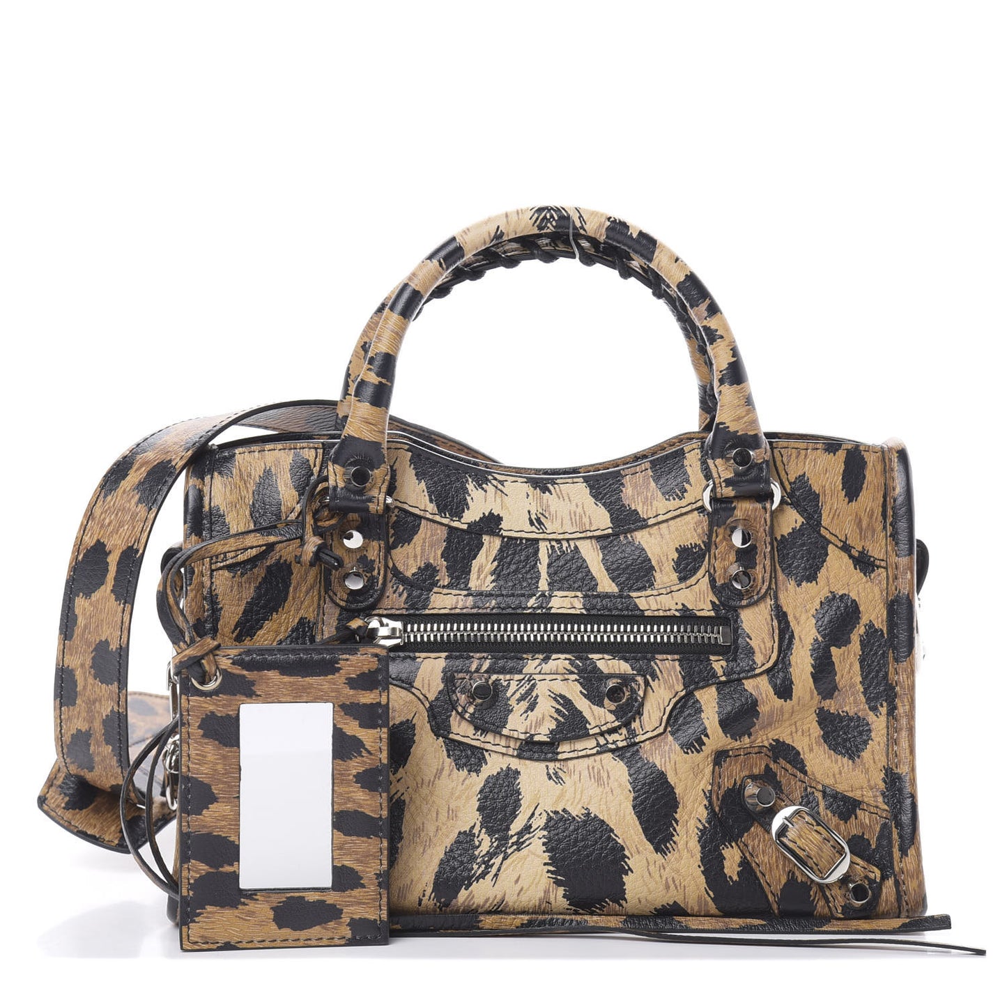 Smooth Calfskin Leopard Print Classic Silver Hardware Mini City Beige