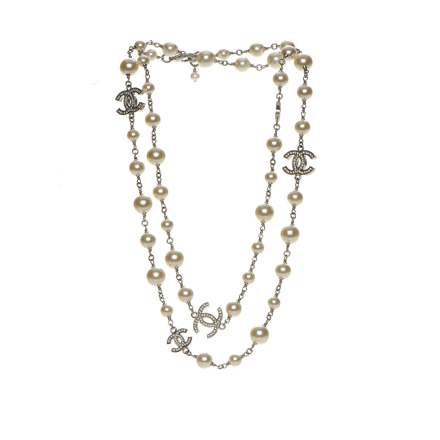 Chanel Crystal Pearl CC Long Necklace Silver 3 of 6