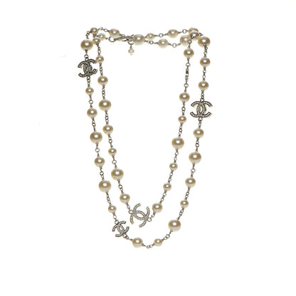 Chanel Crystal Pearl CC Long Necklace Silver 3 of 6