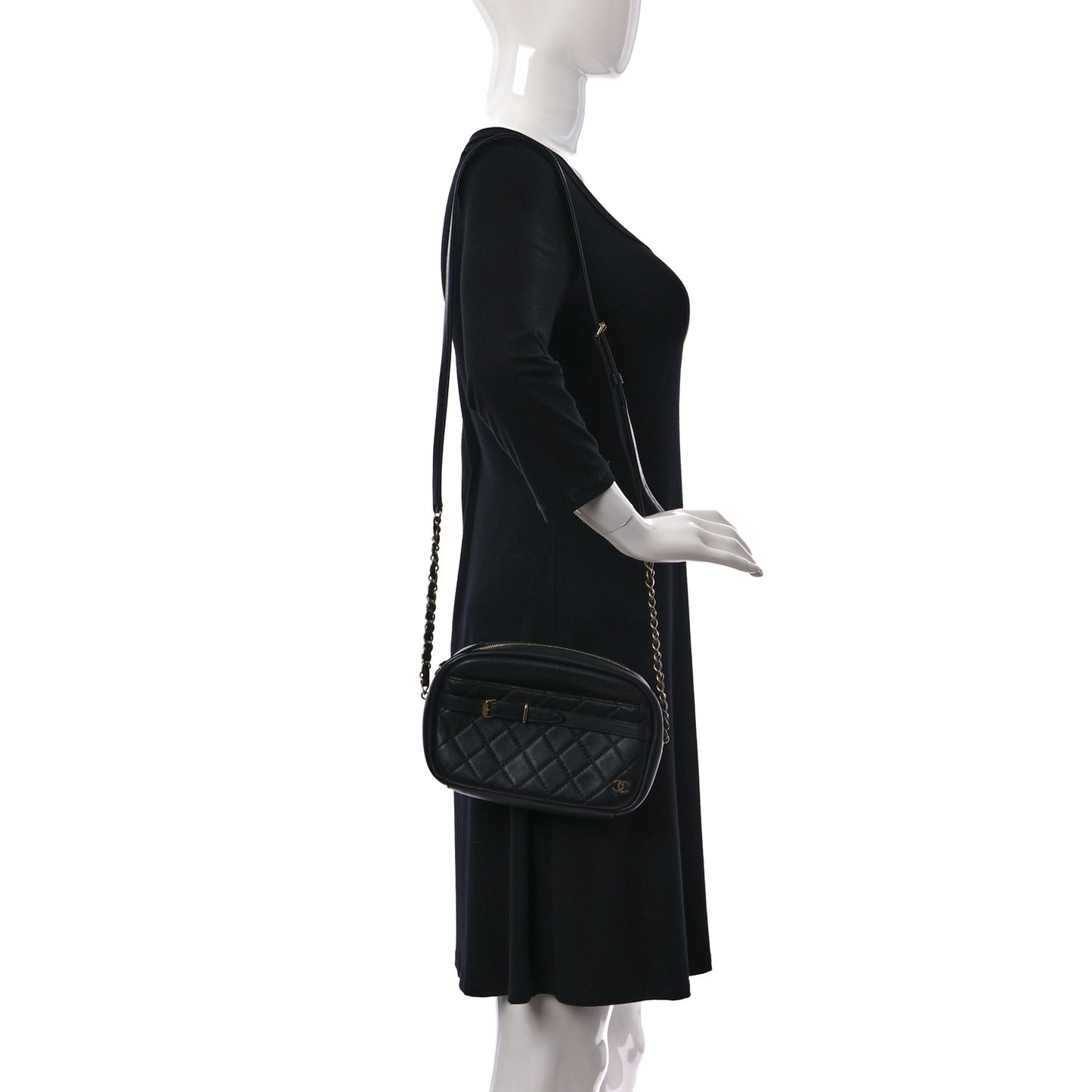Lambskin Quilted Large Buckle Camera Case Bag Black