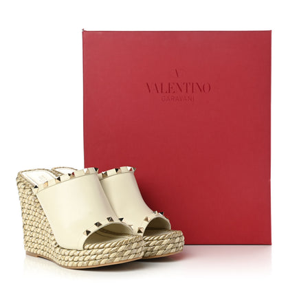 Valentino Garavani Calfskin Silk Rockstud Torchon Espadrille Wedge 25/115mm Slide Sandals 38 Light Ivory 9 of 9