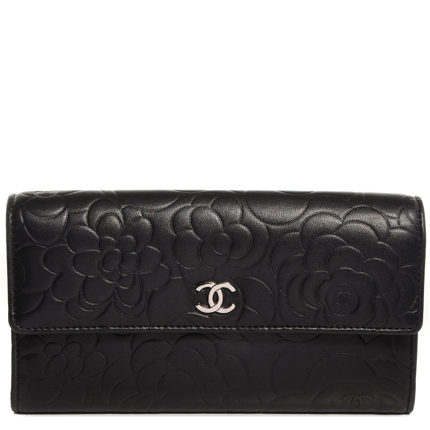 Lambskin Embossed Camellia Large Gusset Flap Wallet Black
