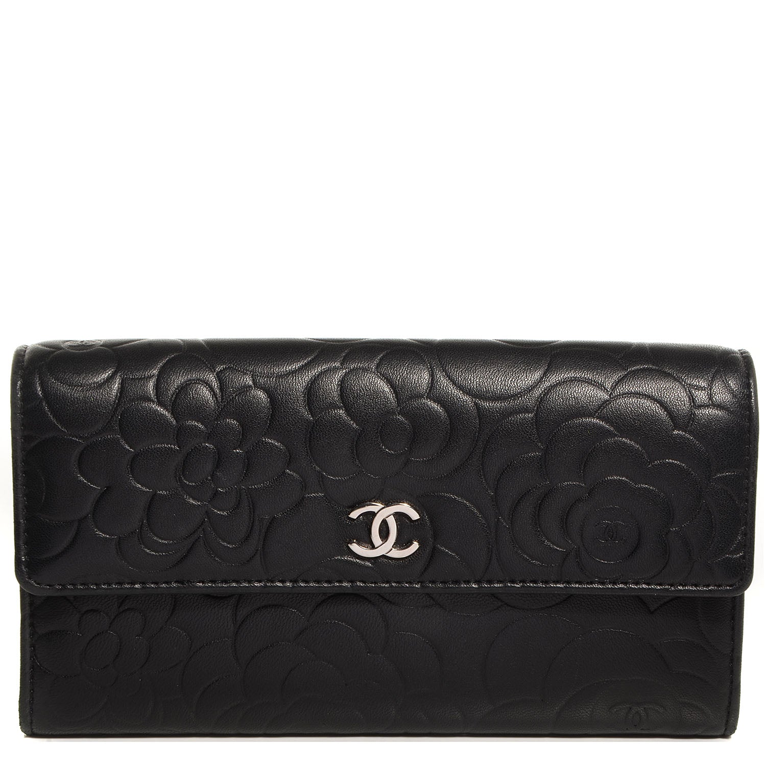 Chanel Lambskin Embossed Camellia Large Gusset Flap Wallet Black 1 of 9