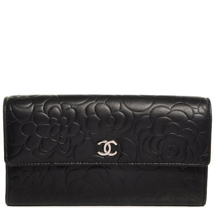 Chanel Lambskin Embossed Camellia Large Gusset Flap Wallet Black 1 of 9