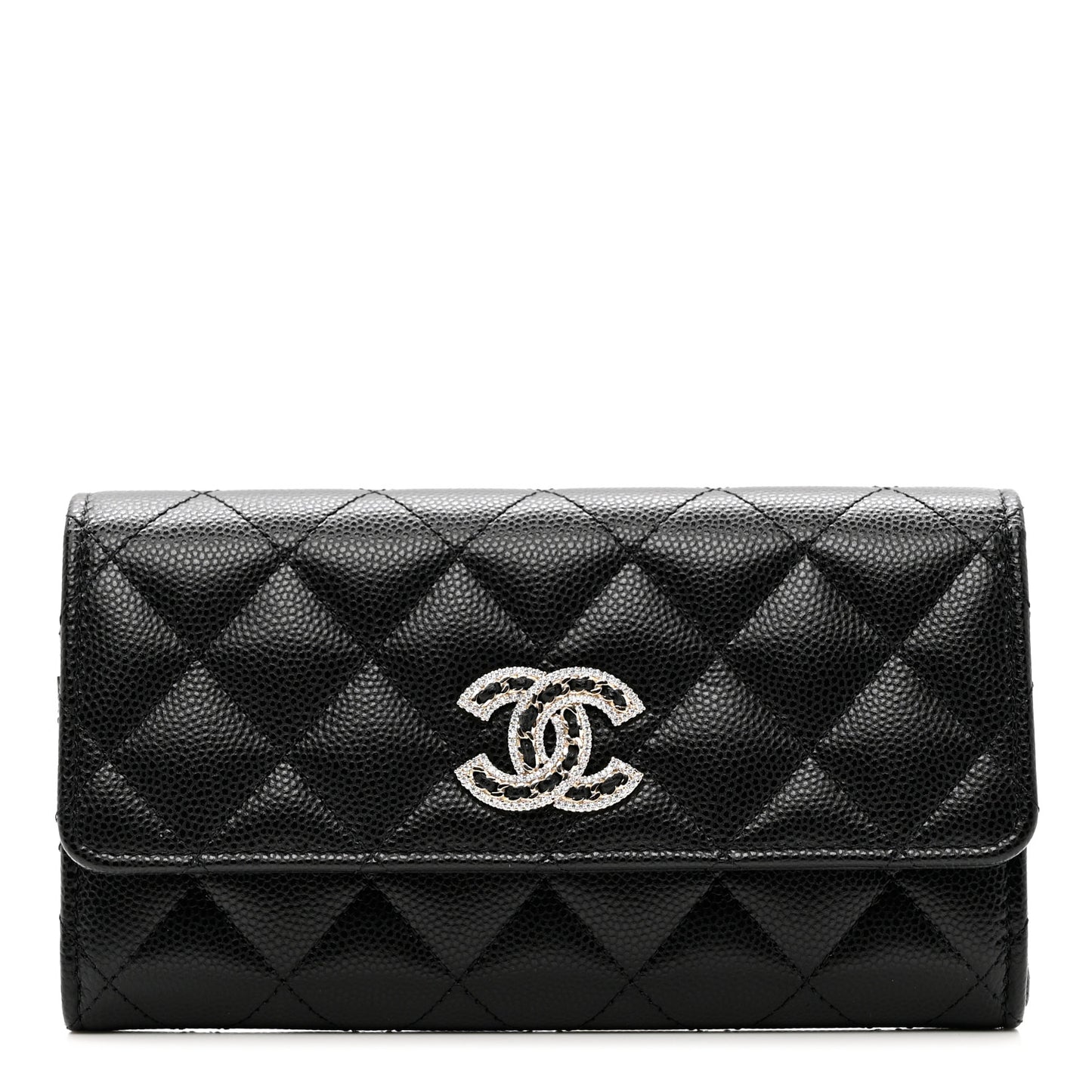 Caviar Quilted Crystal CC Large Gusset Flap Wallet Black