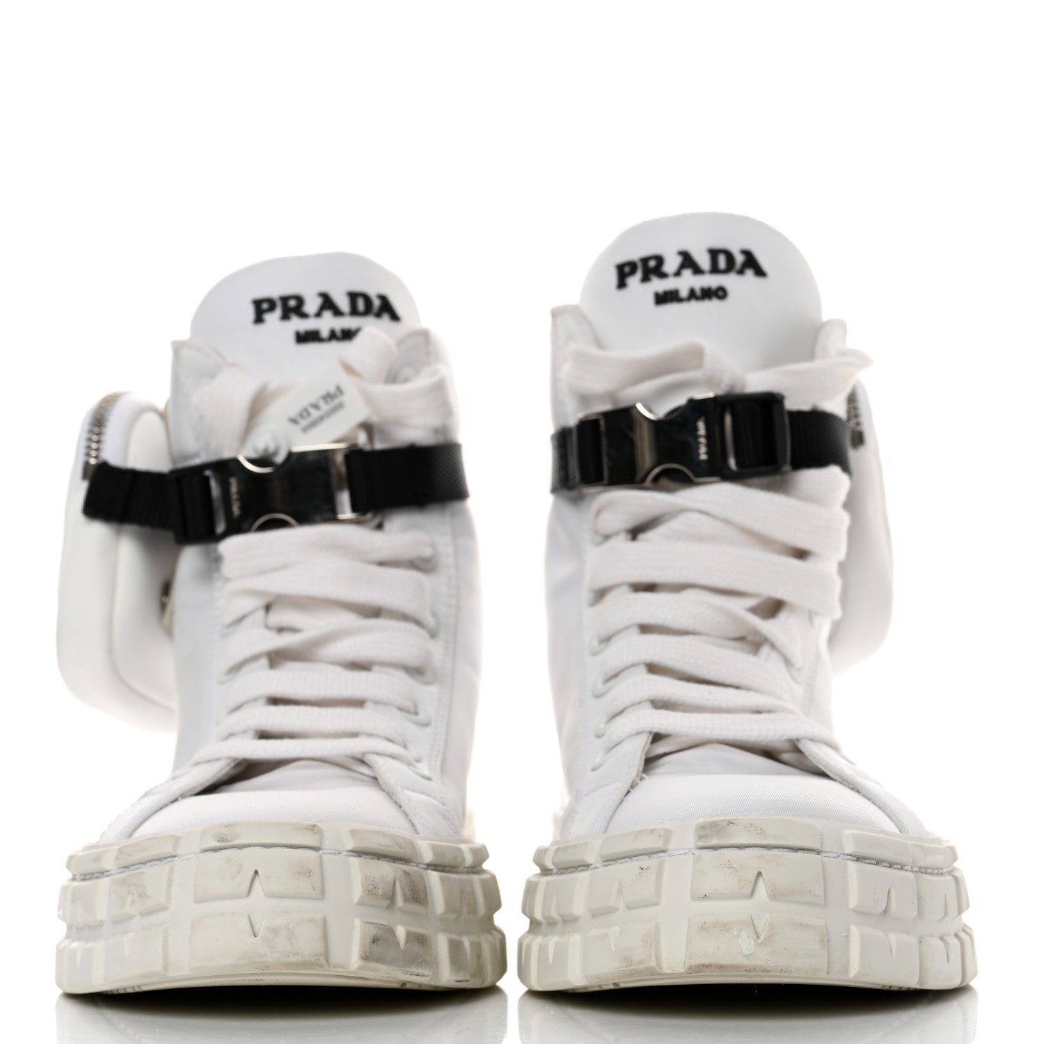 Prada Re-Nylon Gabardine Metal Triangle Logo Wheel Pouch Pocket High Top Sneakers 38.5 White 2 of 9