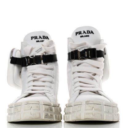 Prada Re-Nylon Gabardine Metal Triangle Logo Wheel Pouch Pocket High Top Sneakers 38.5 White 2 of 9