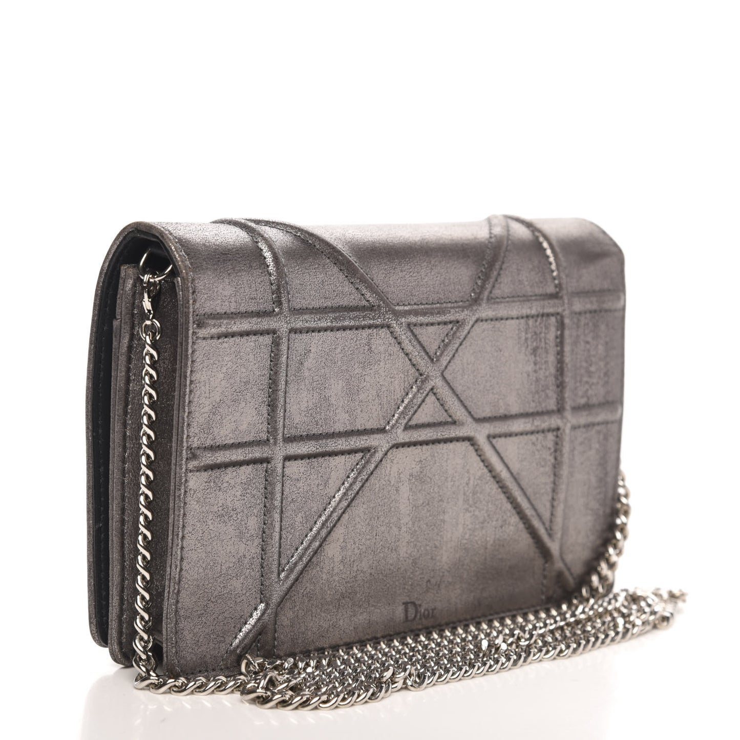 Metallic Brushed Calfskin Diorama Wallet on Chain Pouch Gunmetal