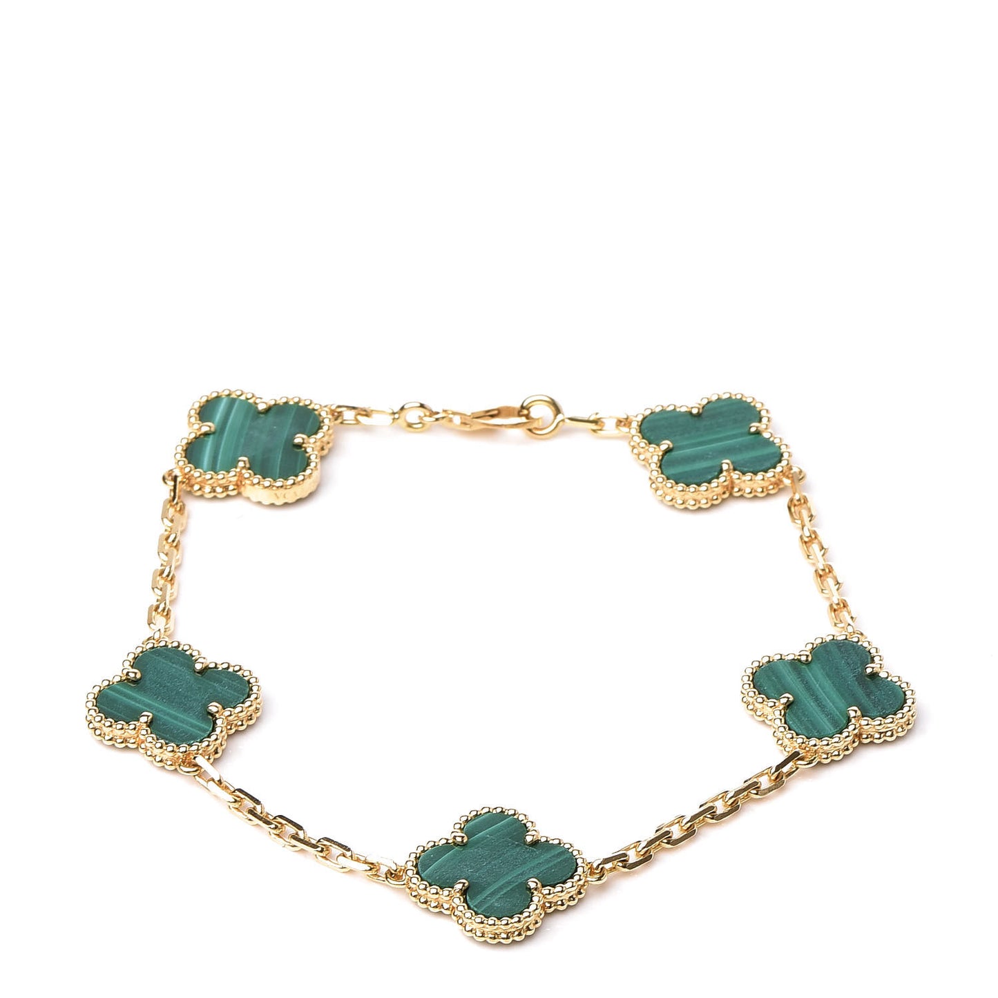 18K Yellow Gold Malachite 5 Motifs Vintage Alhambra Bracelet