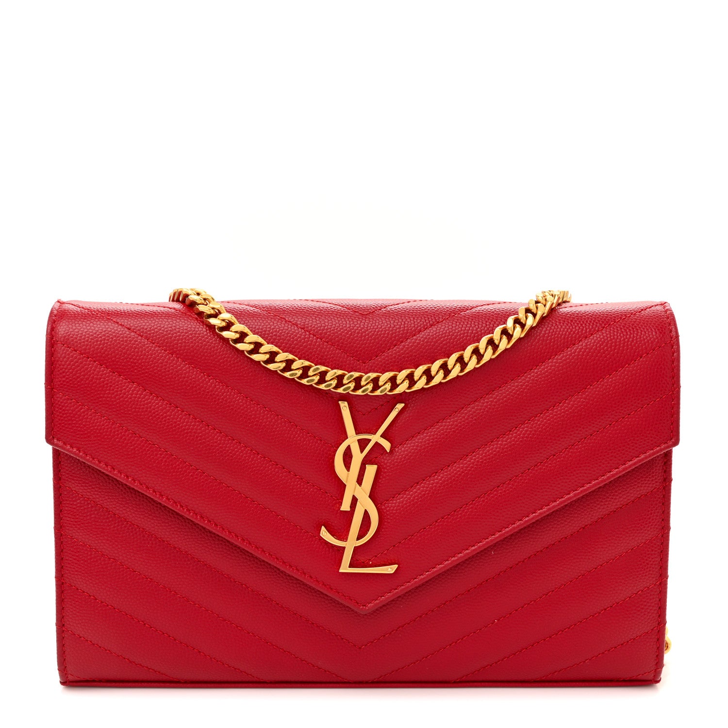 Saint Laurent Grain De Poudre Matelasse Chevron Monogram Chain Wallet Red 1 of 12