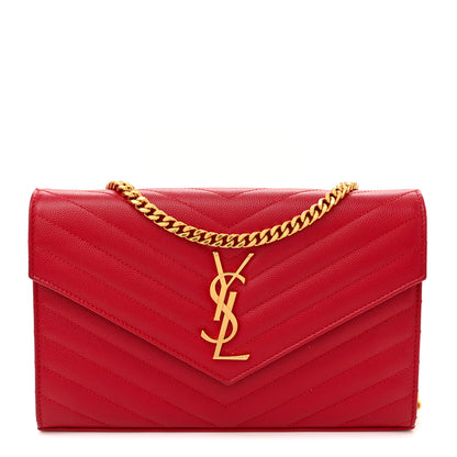 Saint Laurent Grain De Poudre Matelasse Chevron Monogram Chain Wallet Red 1 of 12