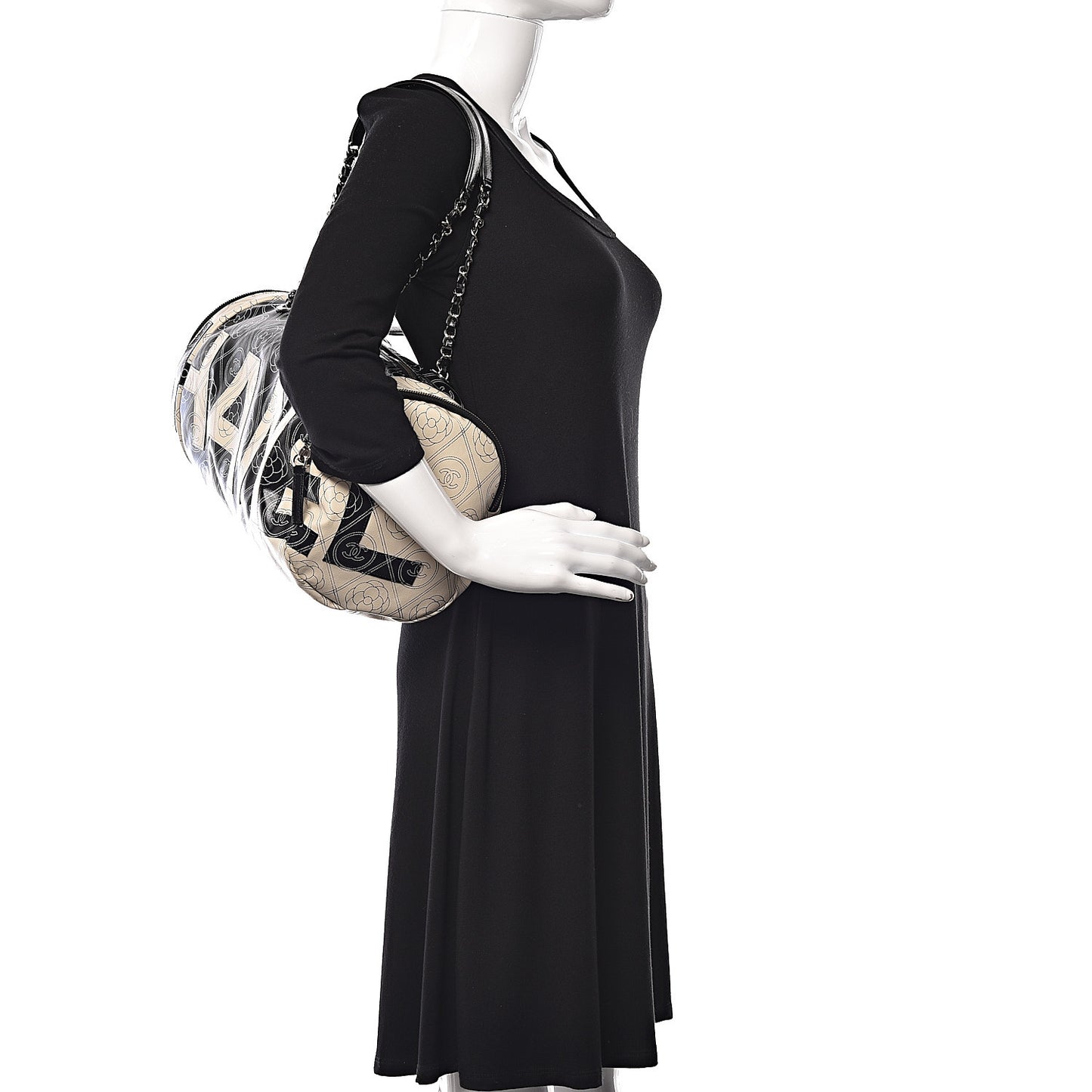 Coated Canvas Camellia Printed Calfskin Bowling Bag Black Beige