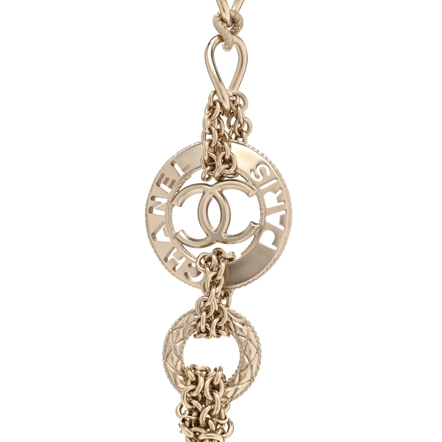 Metal Pearl Chain CC Paris Pendant Long Necklace Light Gold