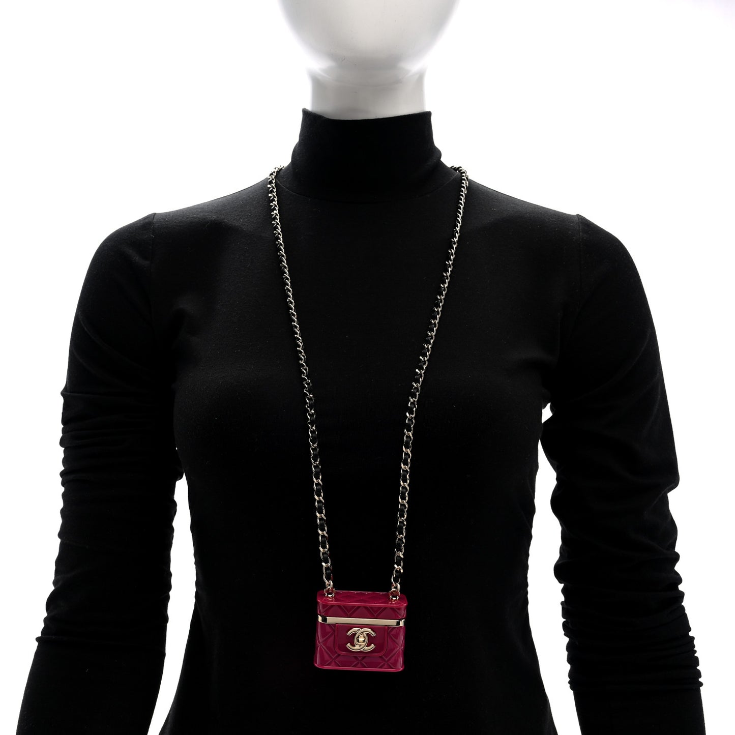 Metal Lambskin Resin Quilted CC Mini Vanity Necklace Gold Black Fuchsia