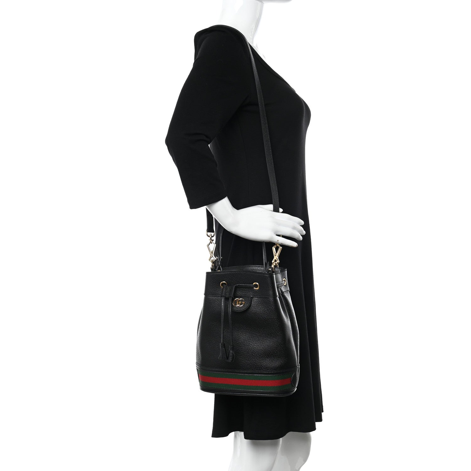 Gucci Glazed Textured Calfskin Web Small Ophidia Bucket Bag Black 2 of 11