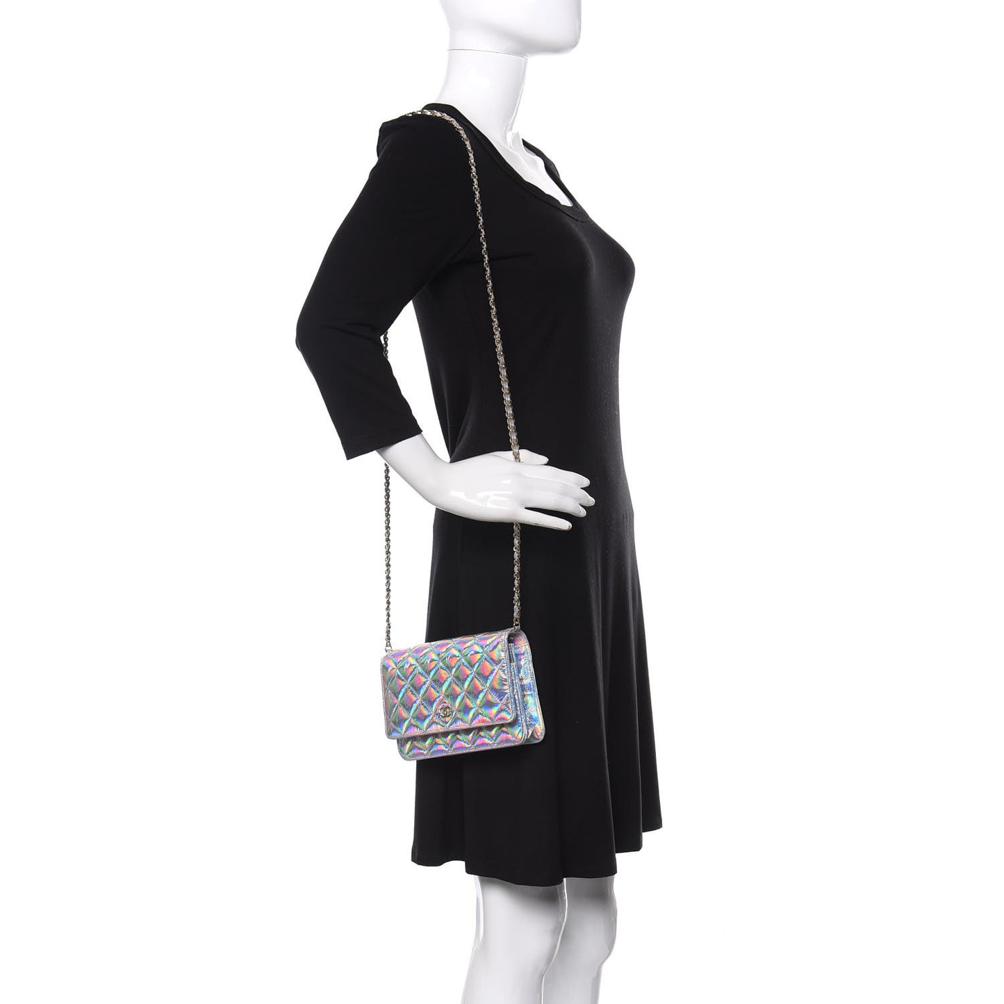 Iridescent Goatskin Quilted Wallet On Chain WOC Silver