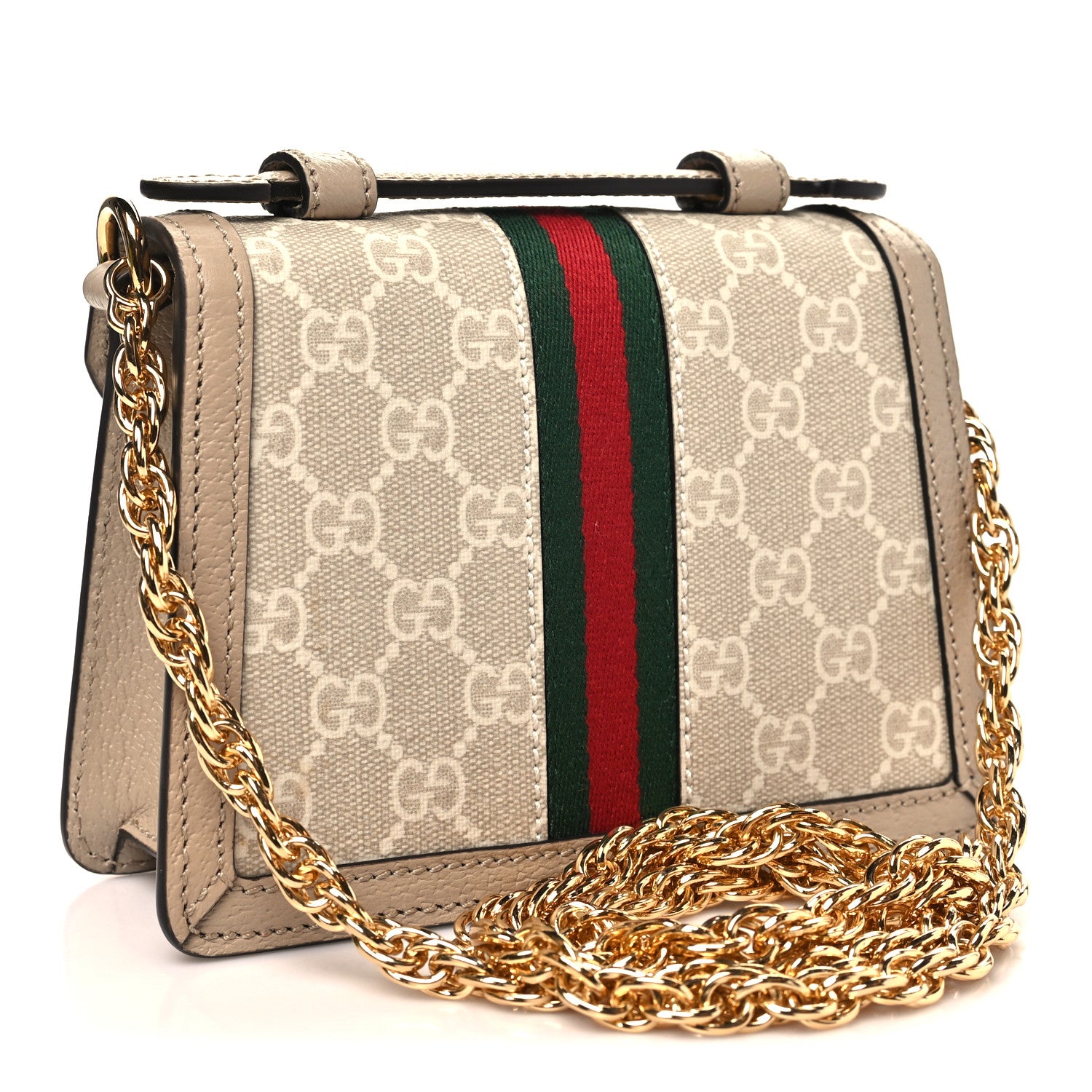 Gucci GG Supreme Monogram Textured Dollar Calfskin Web Mini Ophidia Padlock Top Handle Chain Shoulder Bag Beige Mystic White Oatmeal 3 of 10