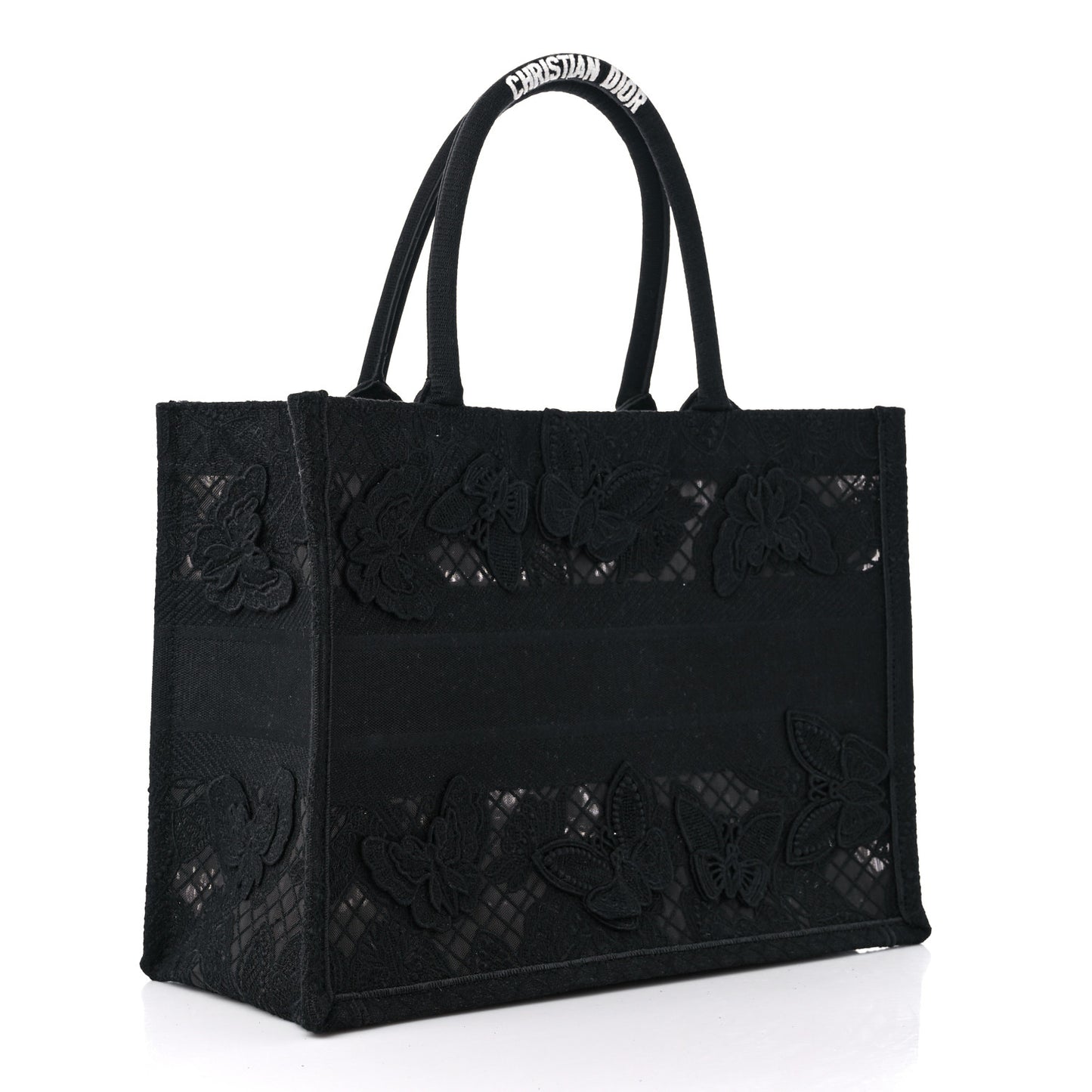Embroidered 3D Macrame D-Lace Butterfly Medium Book Tote Black Multicolor