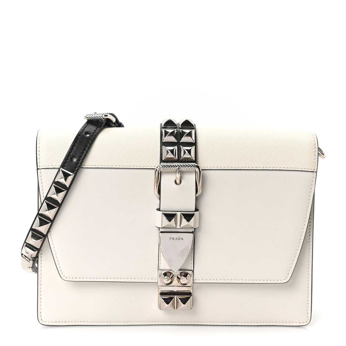 Saffiano City Calfskin Studded Small Elektra Shoulder Bag White Black