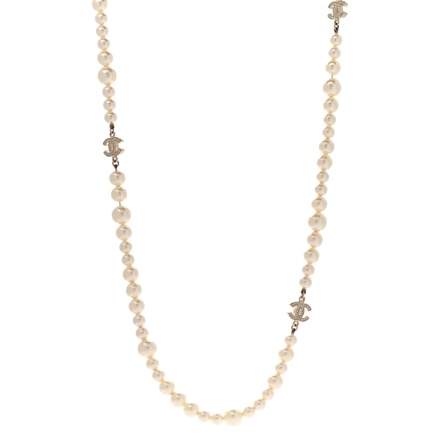 Crystal Pearl CC Long Necklace Gold