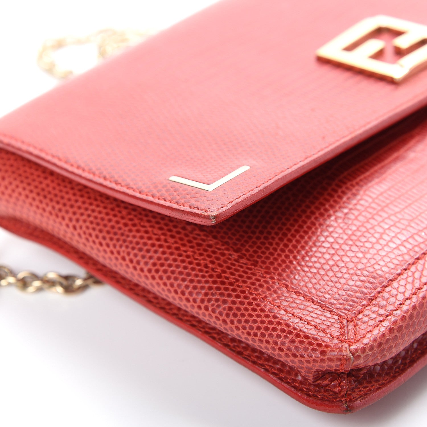 Fendi Calfskin Lizard Embossed Wallet on Chain Red 14 of 19