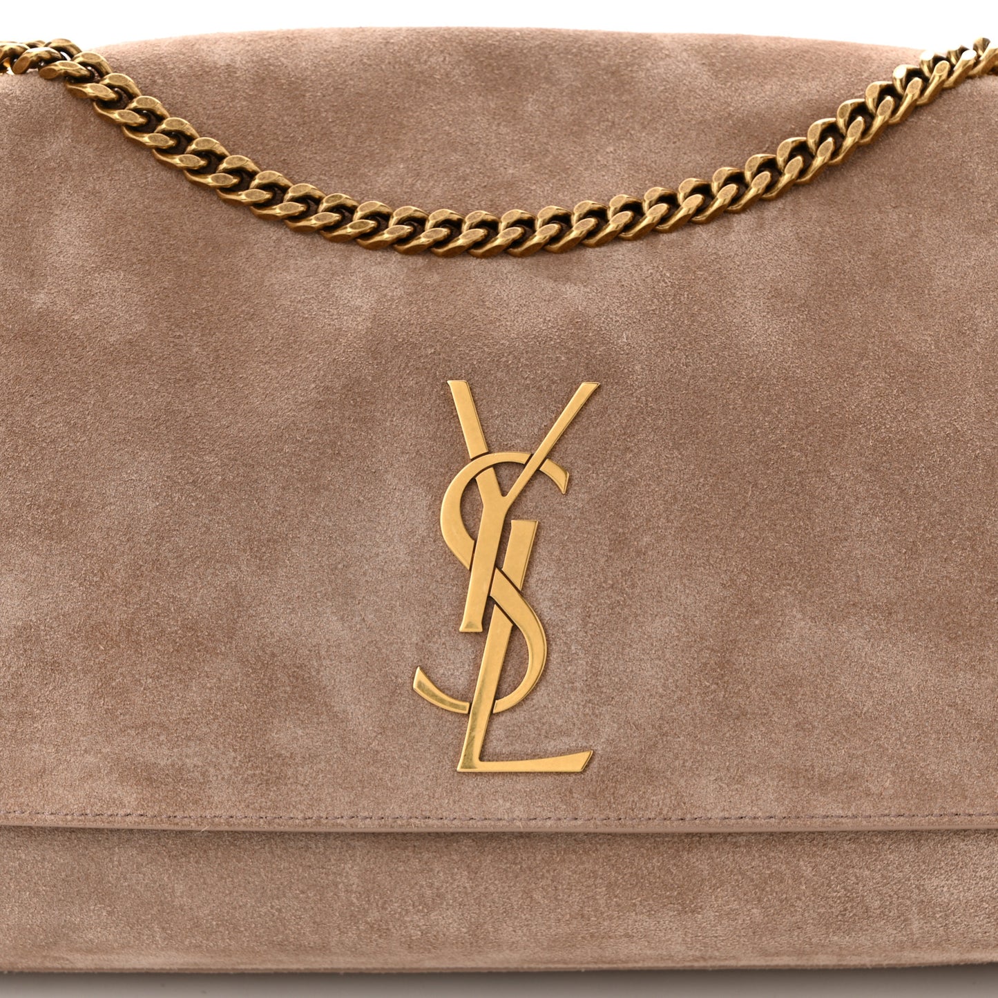 Smooth Calfskin Suede Medium Reversible Monogram Kate Satchel Taupe
