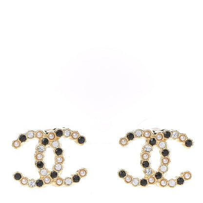 Chanel Resin Pearl Crystal CC Earrings Gold Black 1 of 5