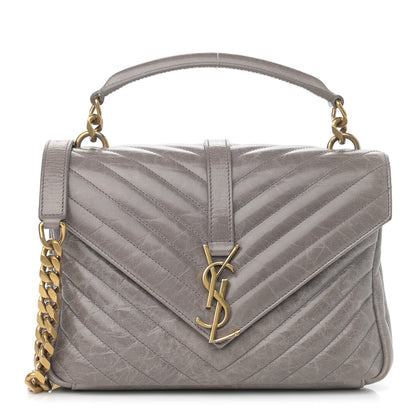 Saint Laurent Waxed Calfskin Matelasse Chevron Medium Monogram College Bag Fog Gray 1 of 17