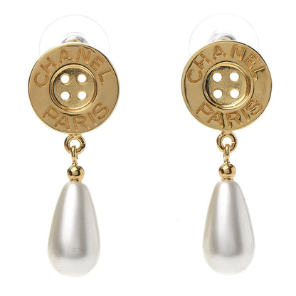 Chanel Metal Pearl Paris Button Drop Earrings Gold 1 of 5