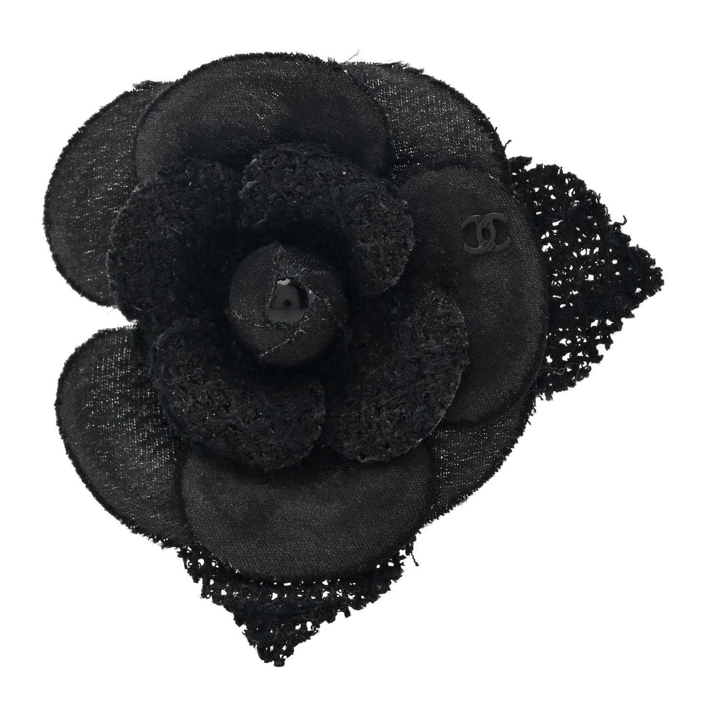 Tweed Fabric Camellia Pin Brooch Black