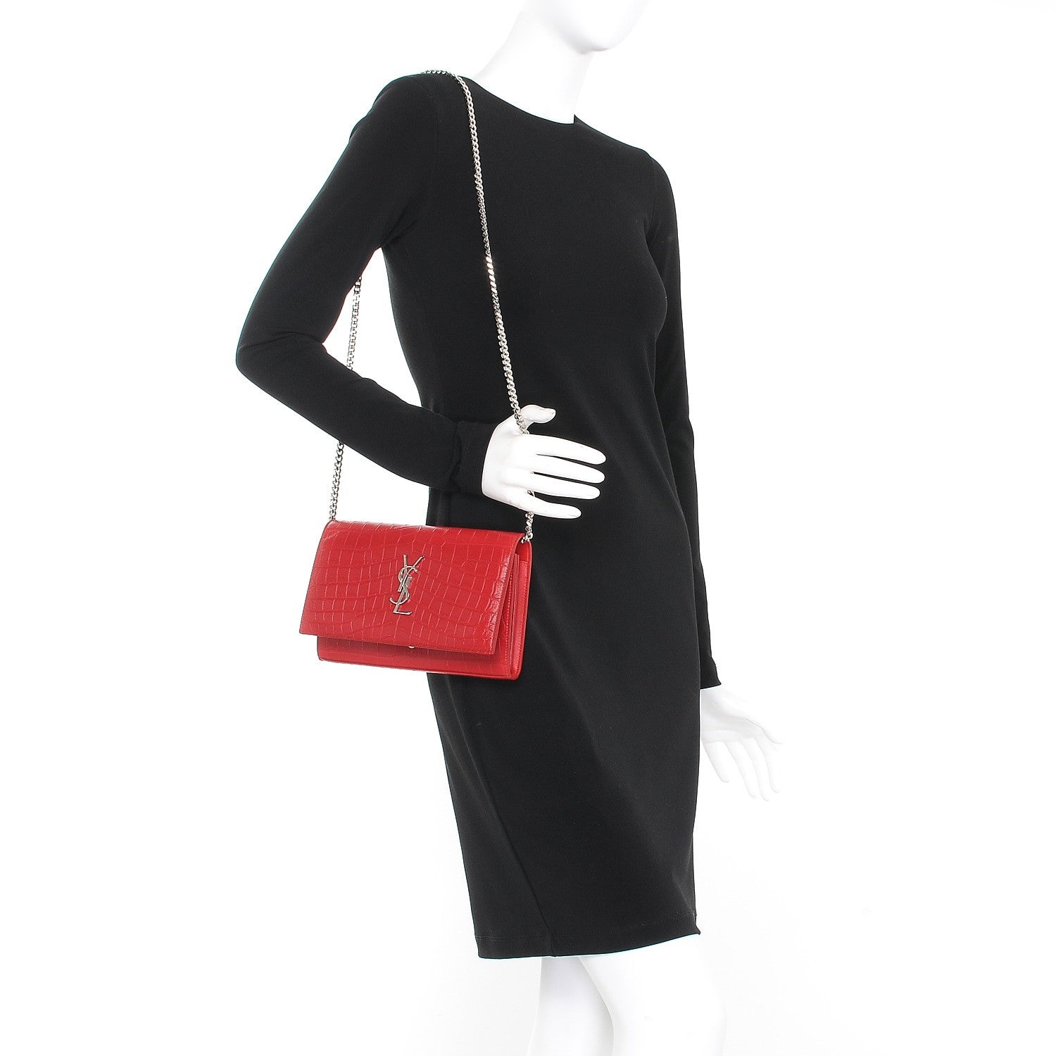 Saint Laurent Calfskin Crocodile Embossed Monogram Chain Wallet New Red 2 of 9