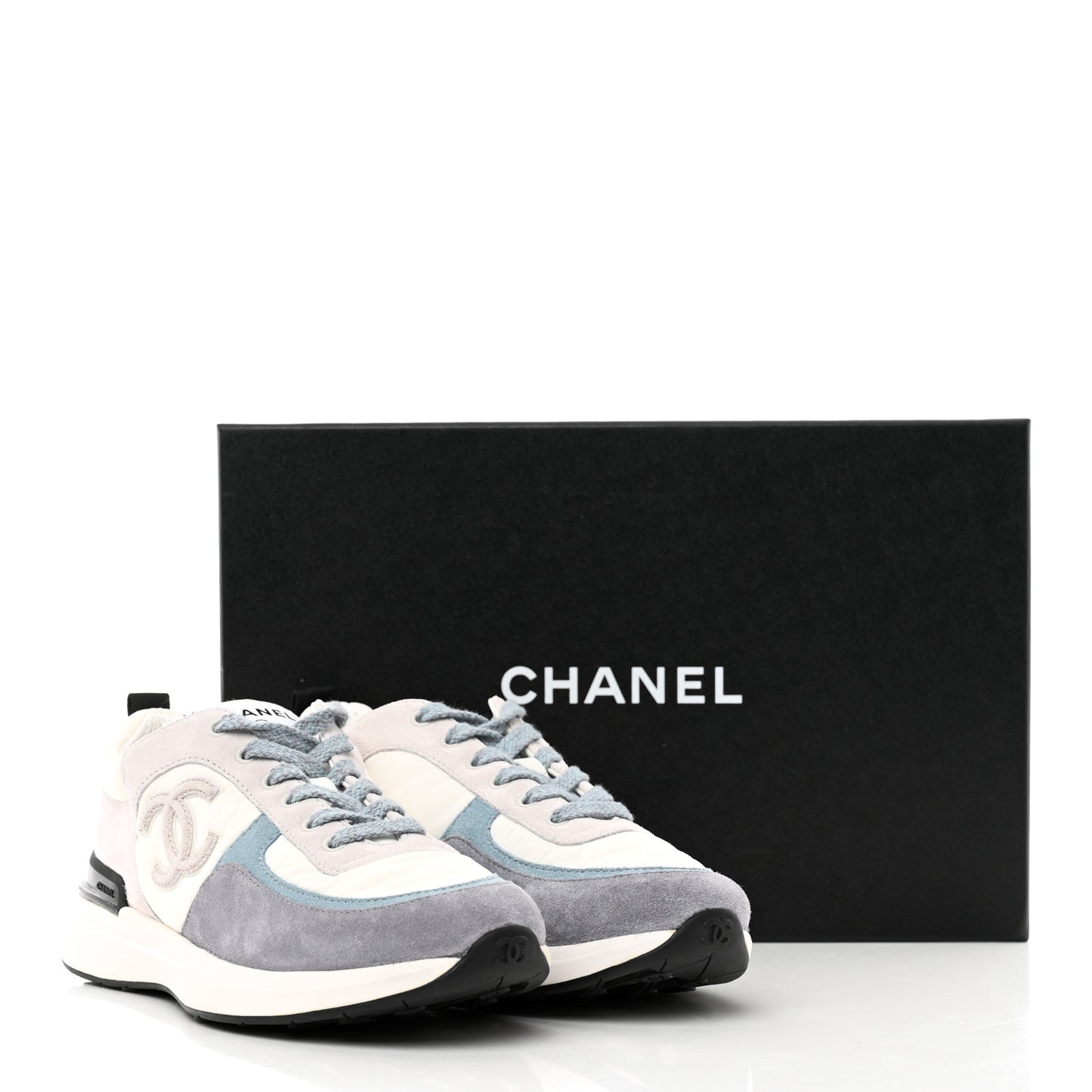 Nylon Calfskin Suede Womens CC Sneakers 39 White Grey Blue