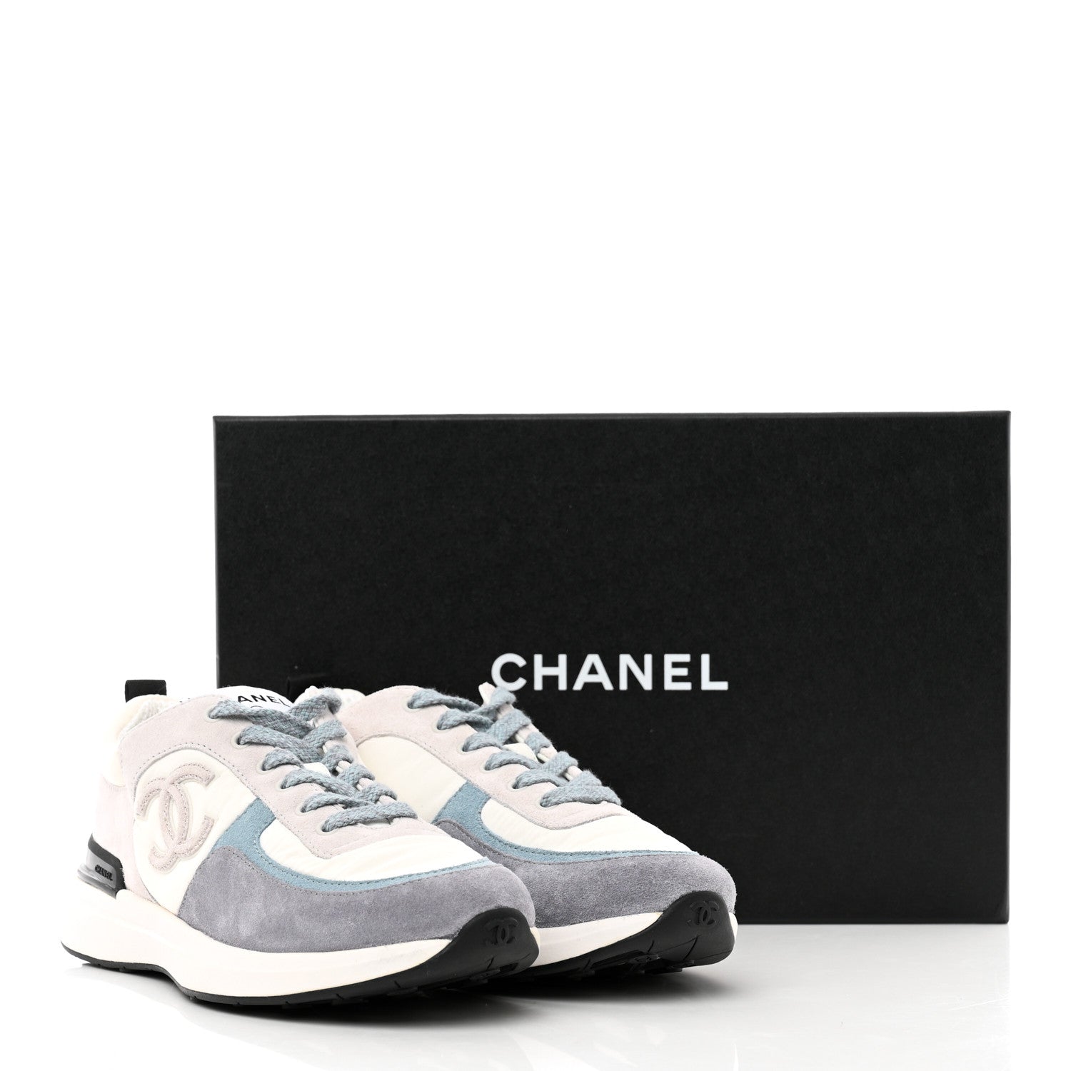 Chanel Nylon Calfskin Suede Womens CC Sneakers 39 White Grey Blue 9 of 9