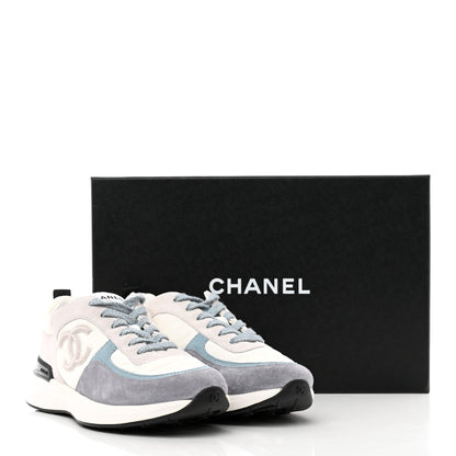 Chanel Nylon Calfskin Suede Womens CC Sneakers 39 White Grey Blue 9 of 9