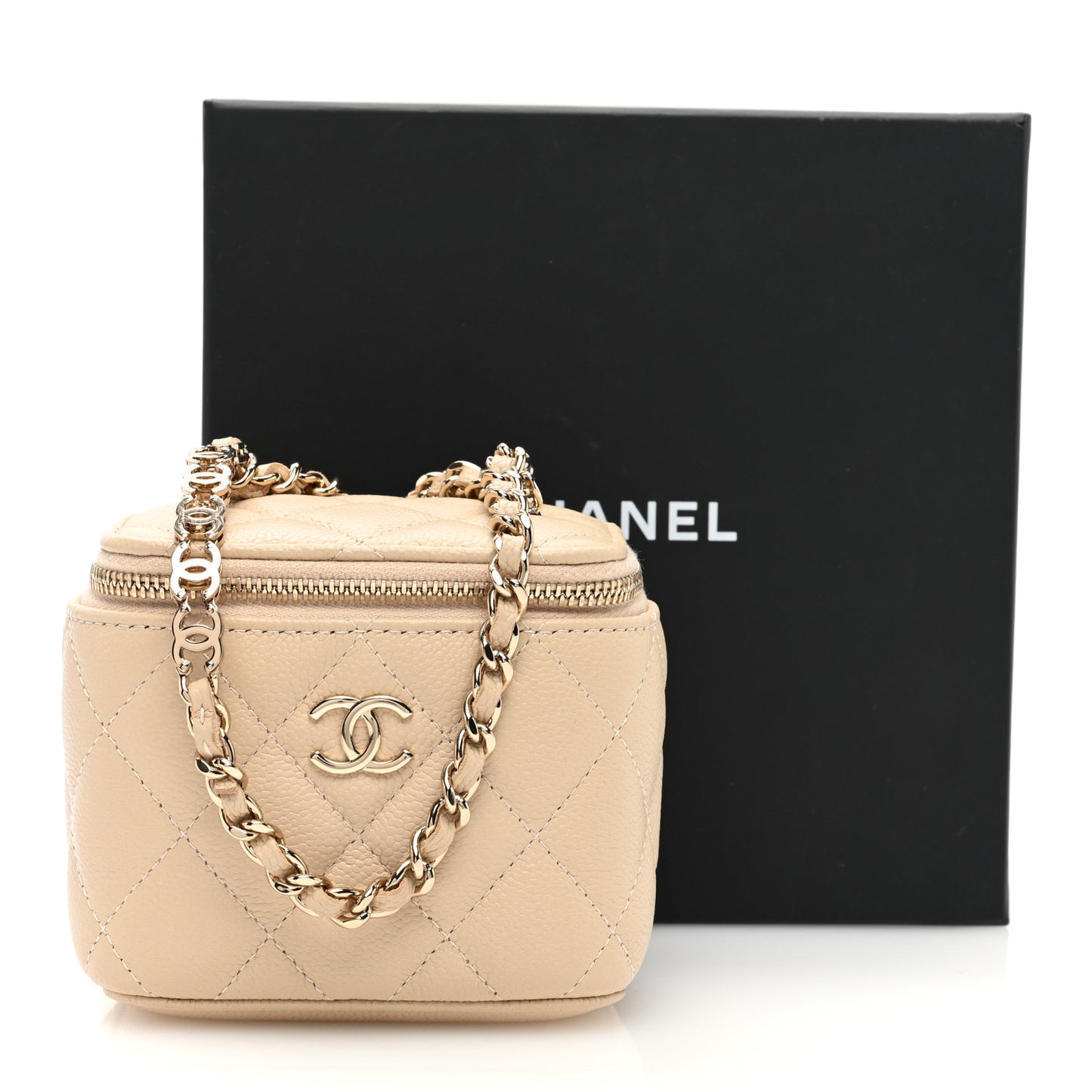 Caviar Quilted Tiny CC Mini Vanity Case With Chain Light Beige