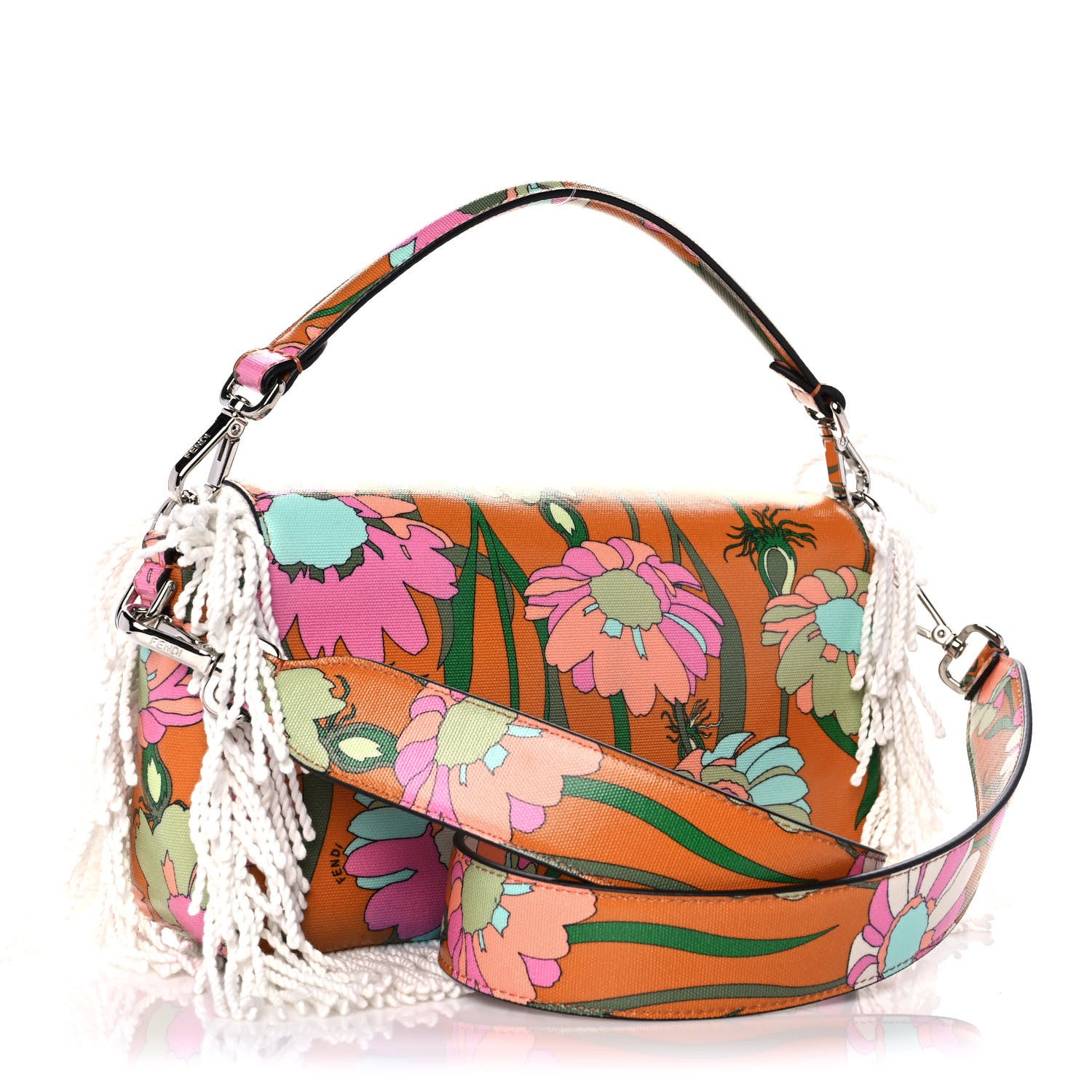 Fendi Coated Canvas Fringe Maxi Daisies Baguette Arancio White Multicolor 3 of 10