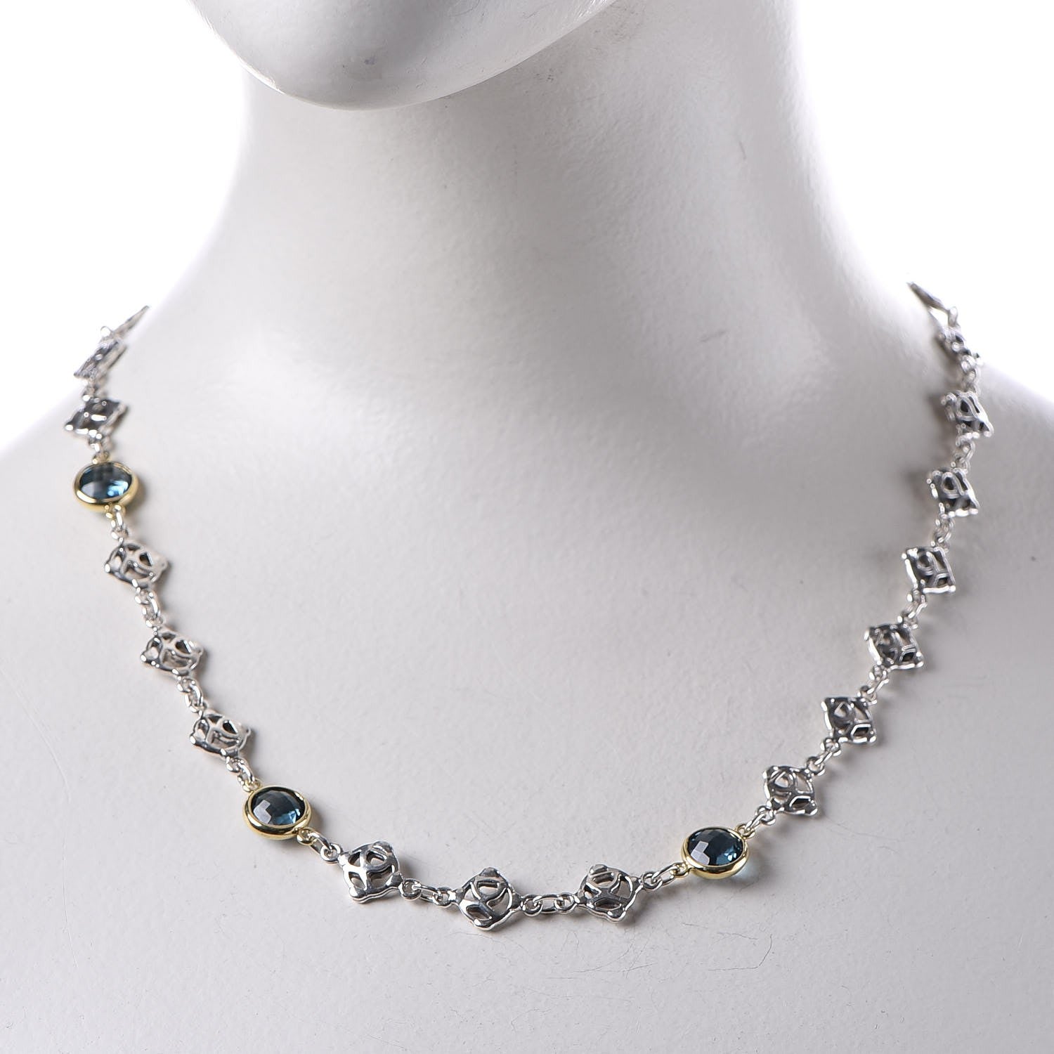 David Yurman Sterling Silver 18K Gold Hampton Blue Topaz Logo Chain Necklace 2 of 7