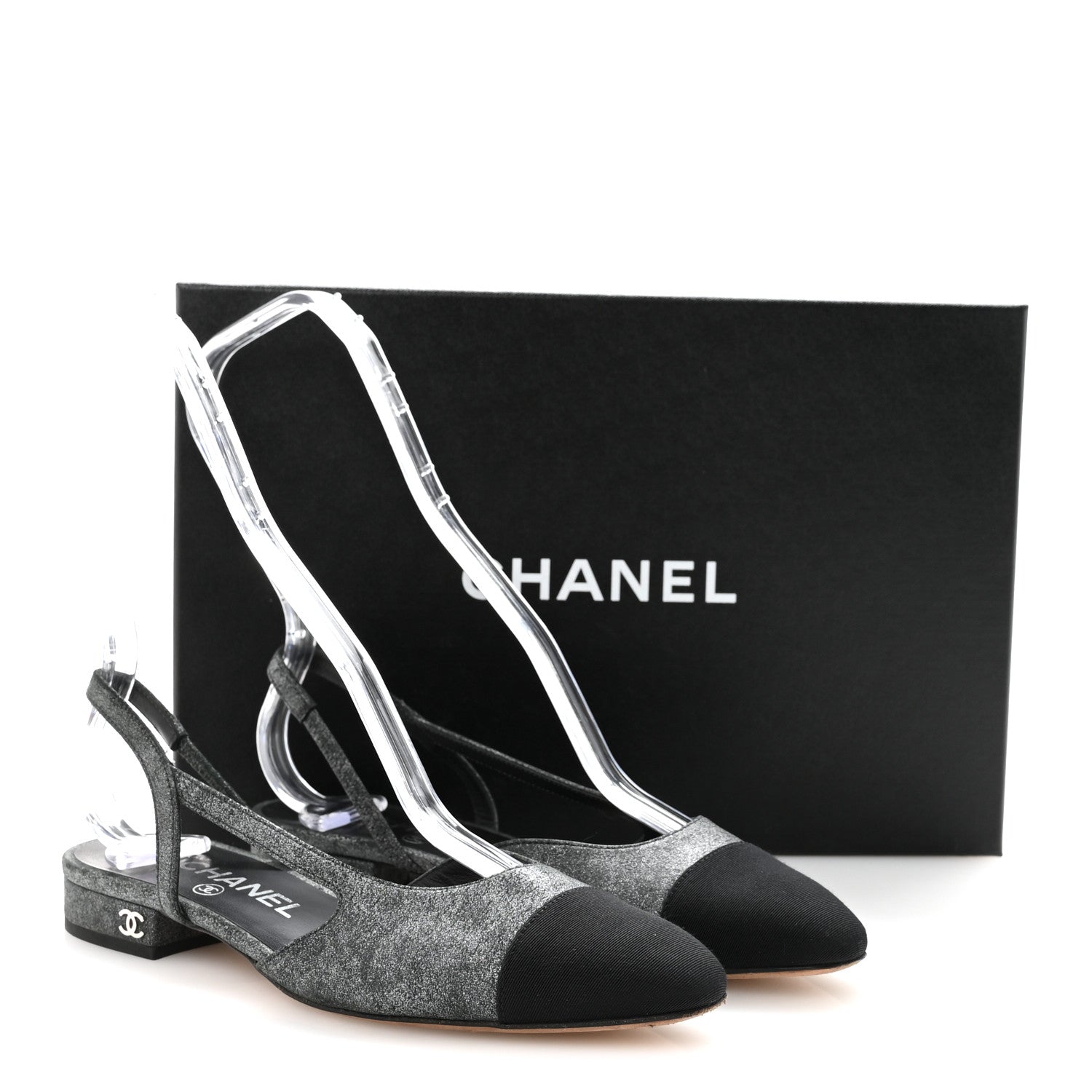 Chanel Lambskin Grosgrain Cap Toe CC Slingback Flats 35.5 Silver