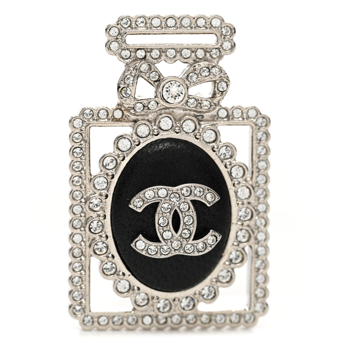 Crystal CC Perfume Bottle Brooch Black Silver