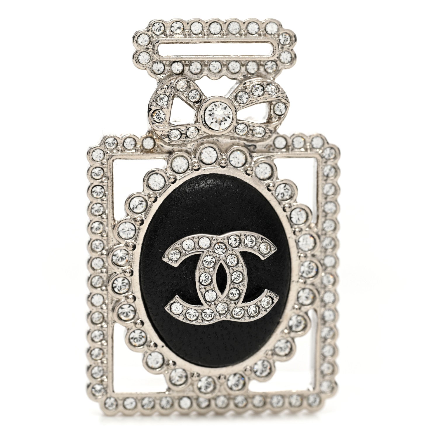 Chanel Crystal CC Perfume Bottle Brooch Black Silver 1 of 5