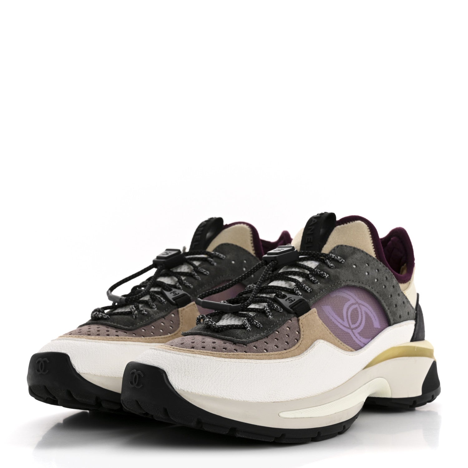 Chanel Fabric Suede Calfskin Mesh Womens CC Sneakers 36 White Grey Purple 4 of 9