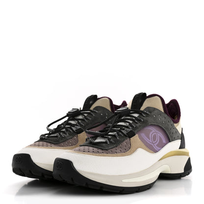 Chanel Fabric Suede Calfskin Mesh Womens CC Sneakers 36 White Grey Purple 4 of 9