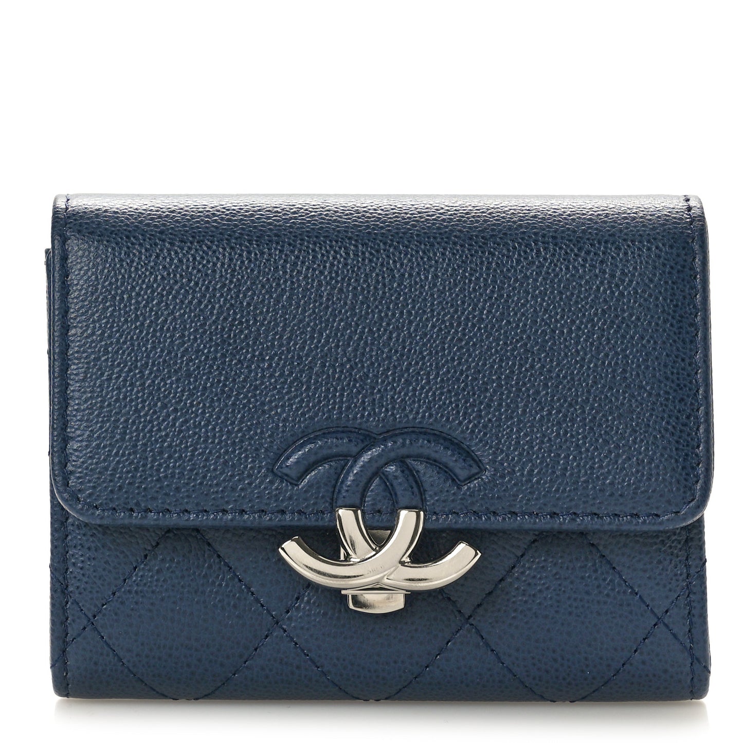 Grained Calfskin Quilted CC Box Compact Flap Wallet Navy Blue