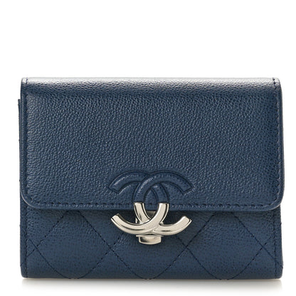 Chanel Grained Calfskin Quilted CC Box Compact Flap Wallet Navy Blue 1 of 8