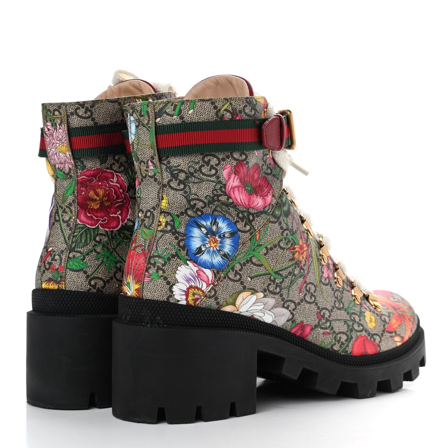 GG Supreme Monogram Flora Lace Up Combat Ankle Boots 39.5 Beige Multicolor Red